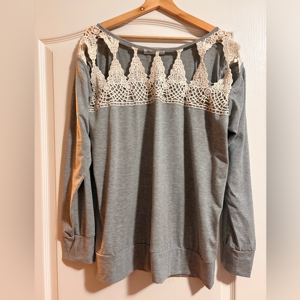 Nextmia Gray Blouse with Cream Crochet Accents